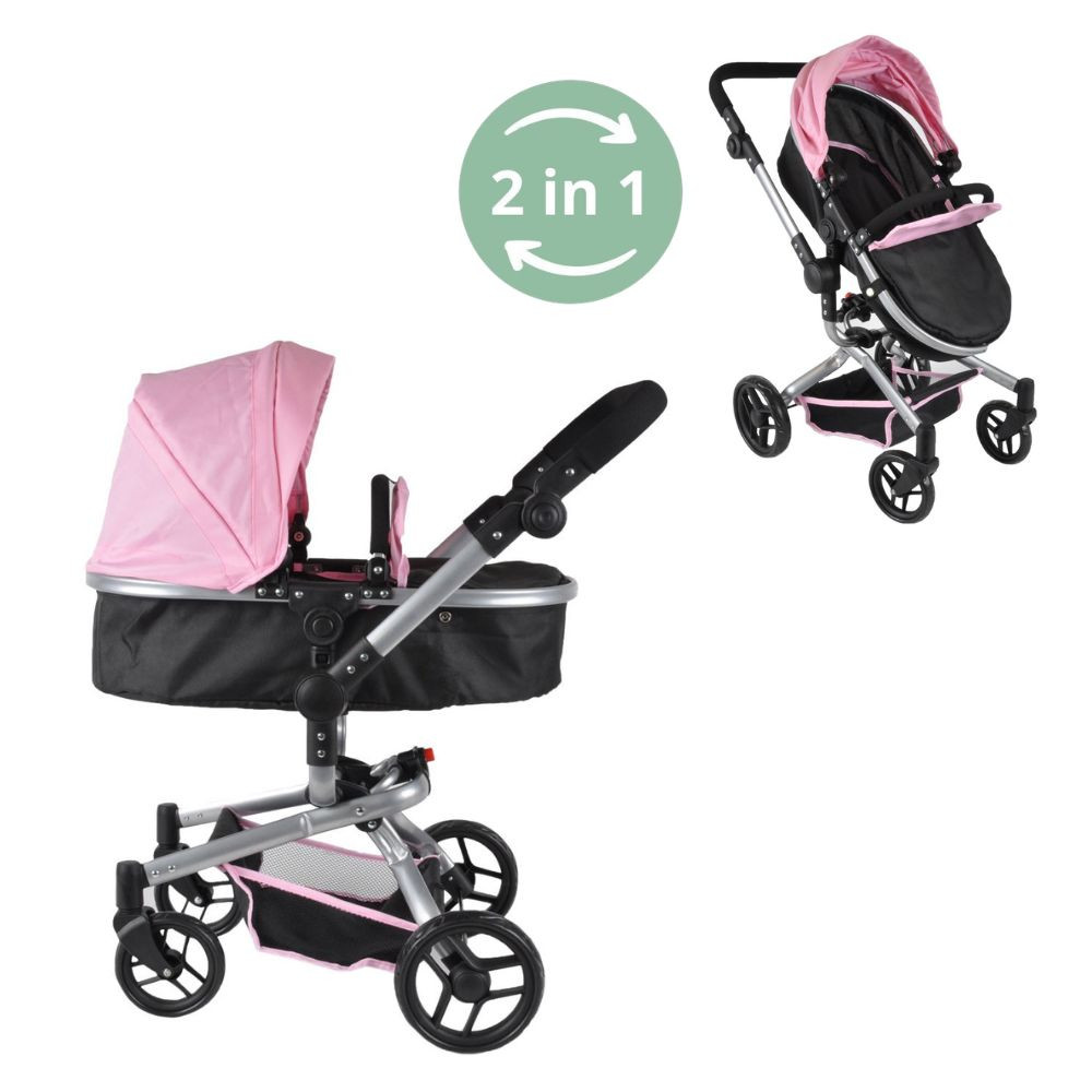 Poppenwagen 2 jaar met verstelbare hoge duwstang tot 8 jaar Black Angel 2in1 Soft Pink - Bandits and Angels