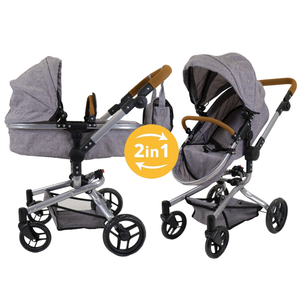 Poppenwagen 2 jaar met verstelbare hoge duwstang Modern Angel 2in1 Grijs Limited - Bandits and Angels